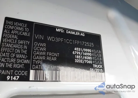 2015 Mercedes-Benz Sprinter 3500 High Roof from USA, damaged, VIN WD3PF1CC1FP172525